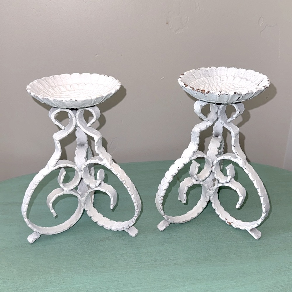 Vintage Cast Iron Candle Holders French Country Pedestal Scroll & Flower Chippy